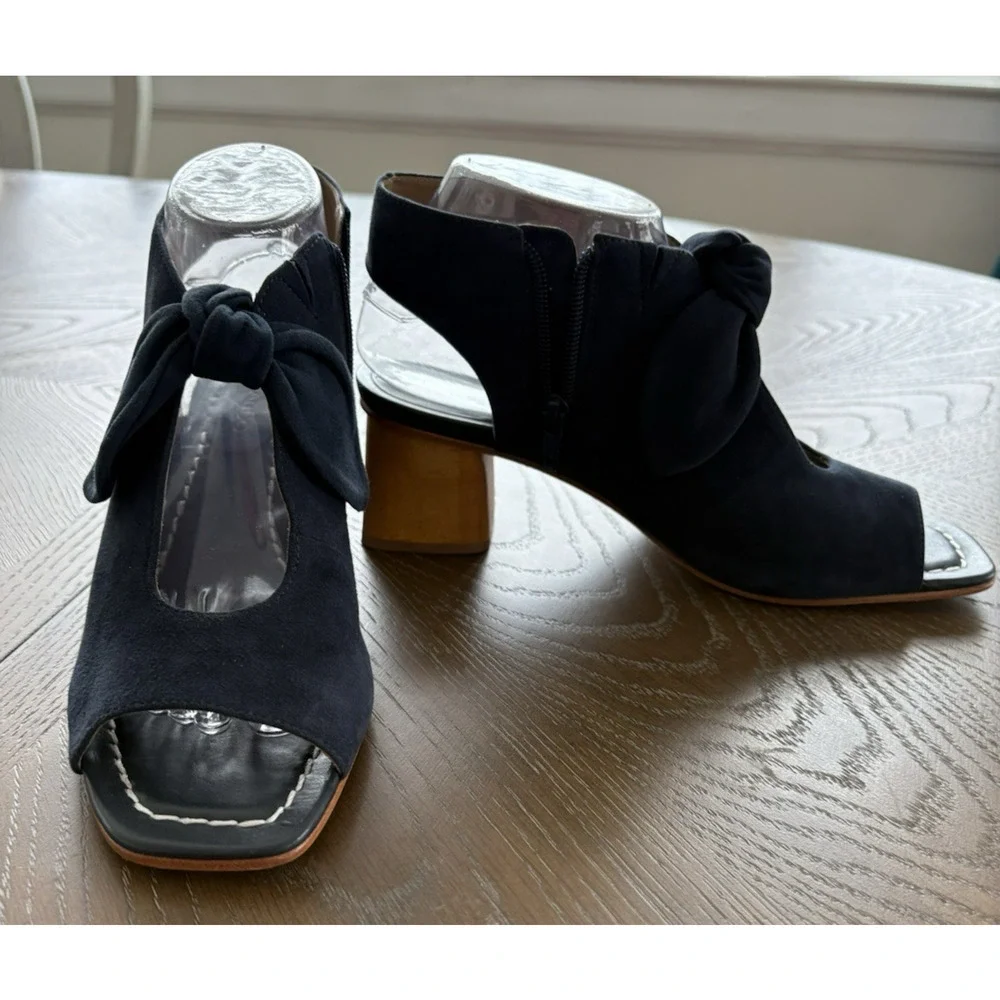 Bernardo Lizzie Navy Suede Booties Open Toe Block Wood Heel Designer Bow | 8.5 - Picture 3 of 9